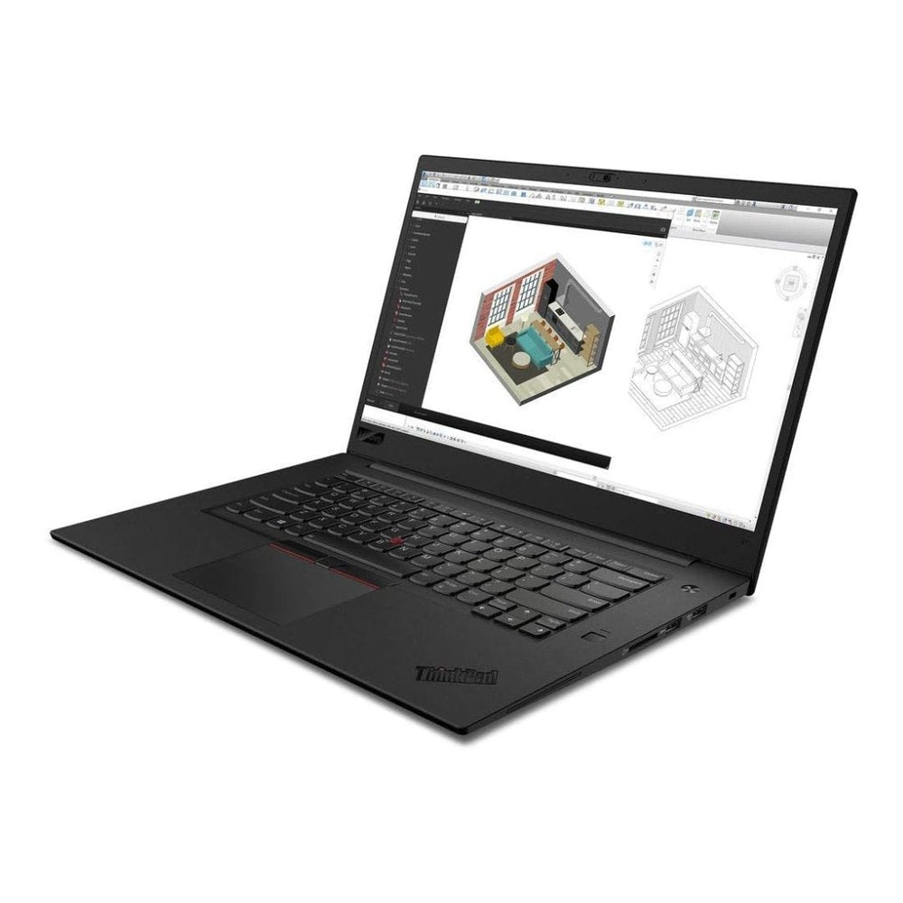 Un ordinateur portable noir avec écran ouvert affichant un logiciel de planification de pièces 3D.