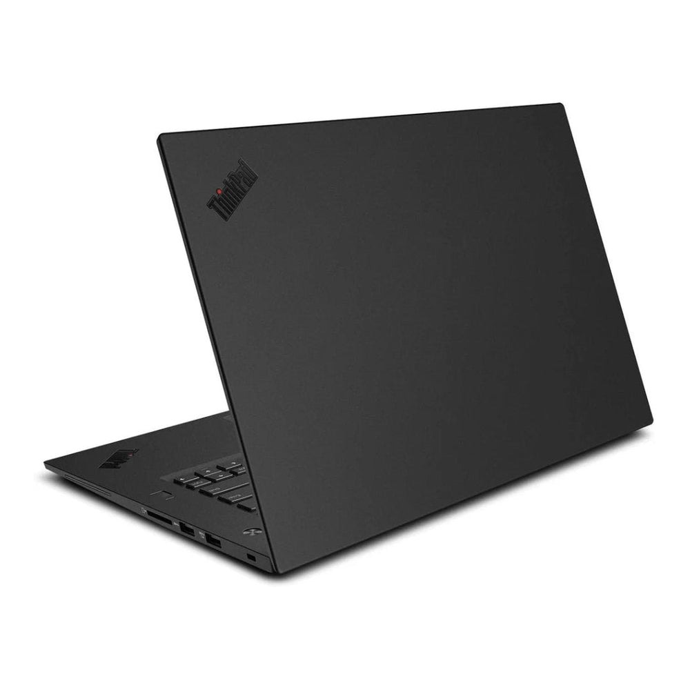 Ordinateur portable noir avec logo ThinkPad, sur fond blanc.