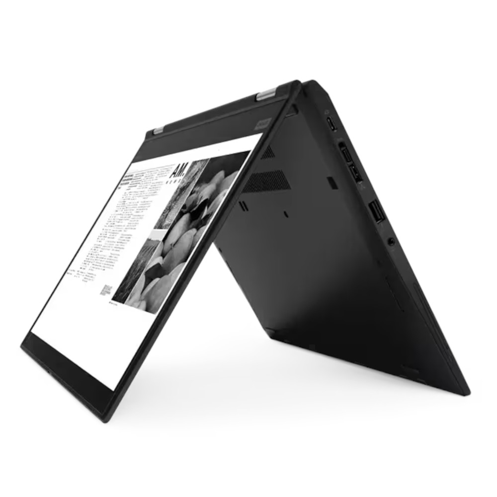 Un ordinateur portable noir ouvert en mode tente, affichant du texte et des images.