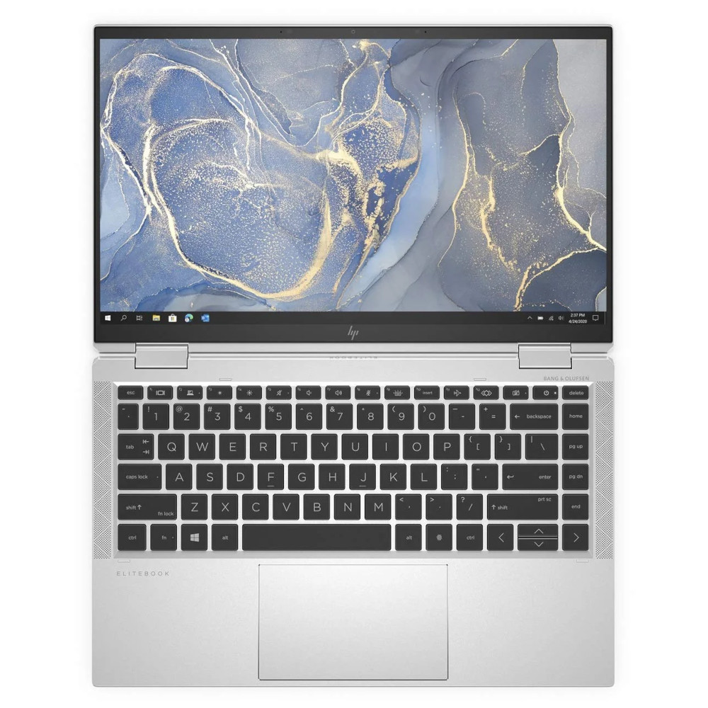 Een open zilveren HP Elitebook laptop met een abstract blauw en gouden achtergrond.