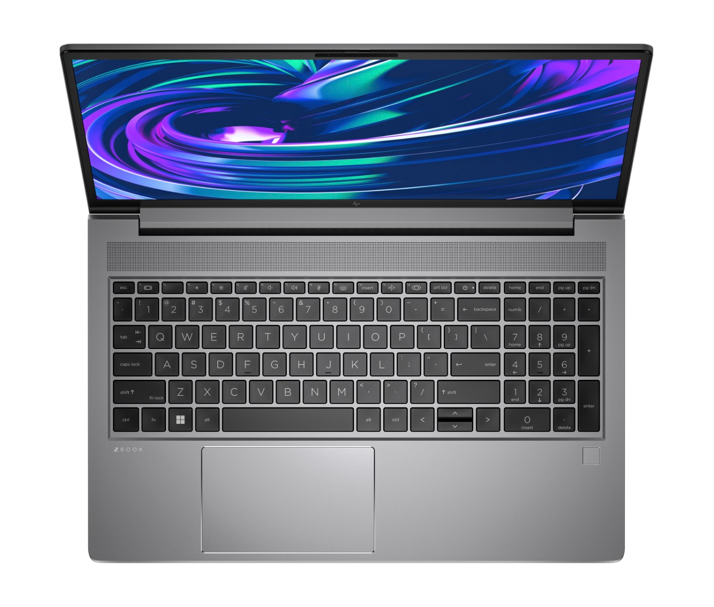 An open gray laptop displaying a vibrant wallpaper on its screen.