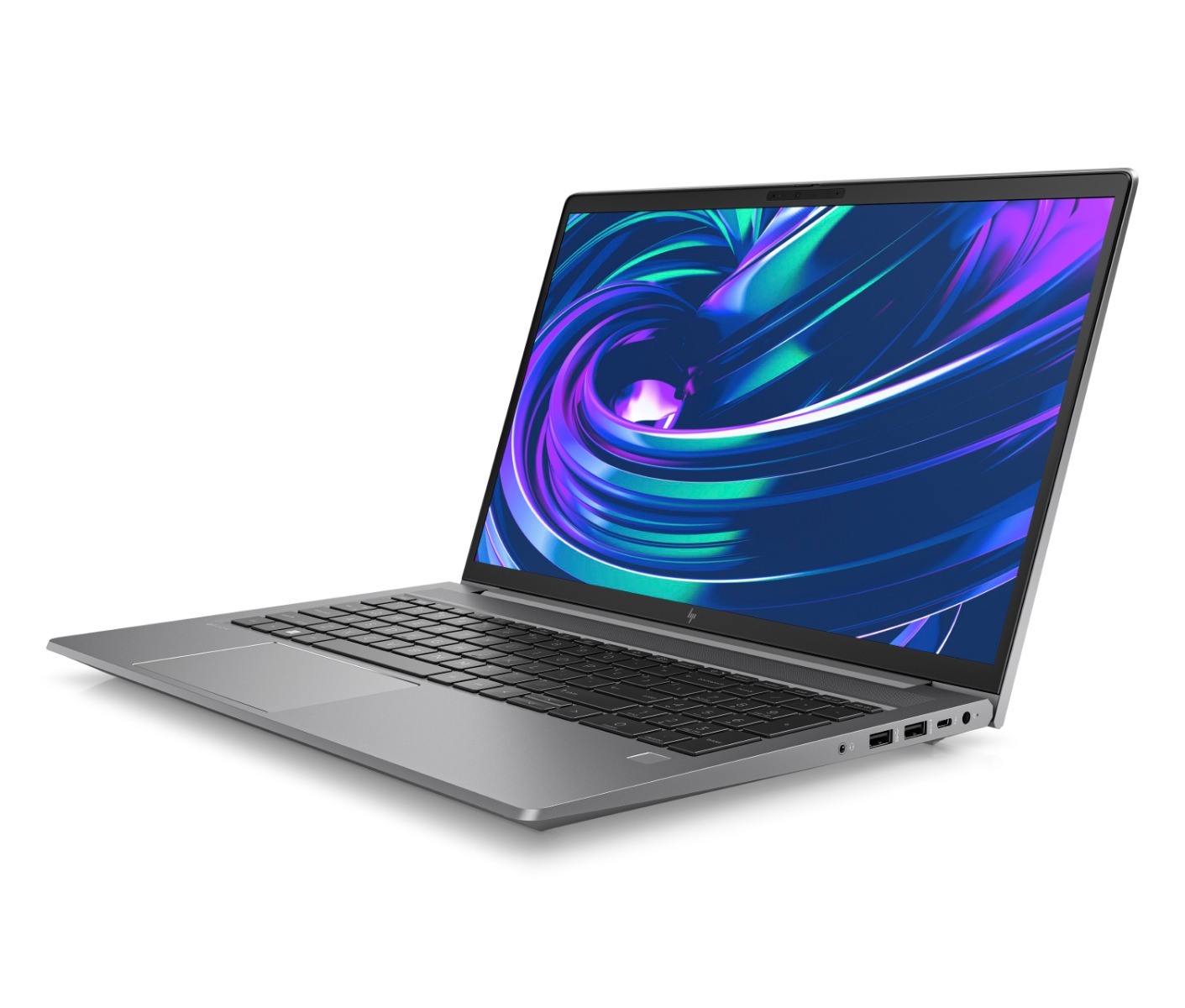 An open gray laptop displaying a colorful, swirling wallpaper on its screen.