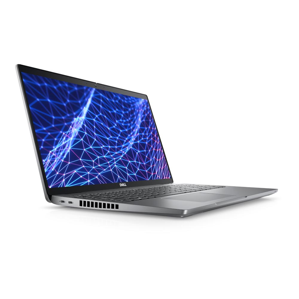Srebrny laptop Dell z abstrakcyjnym niebieskim wzorem sieci na ekranie.