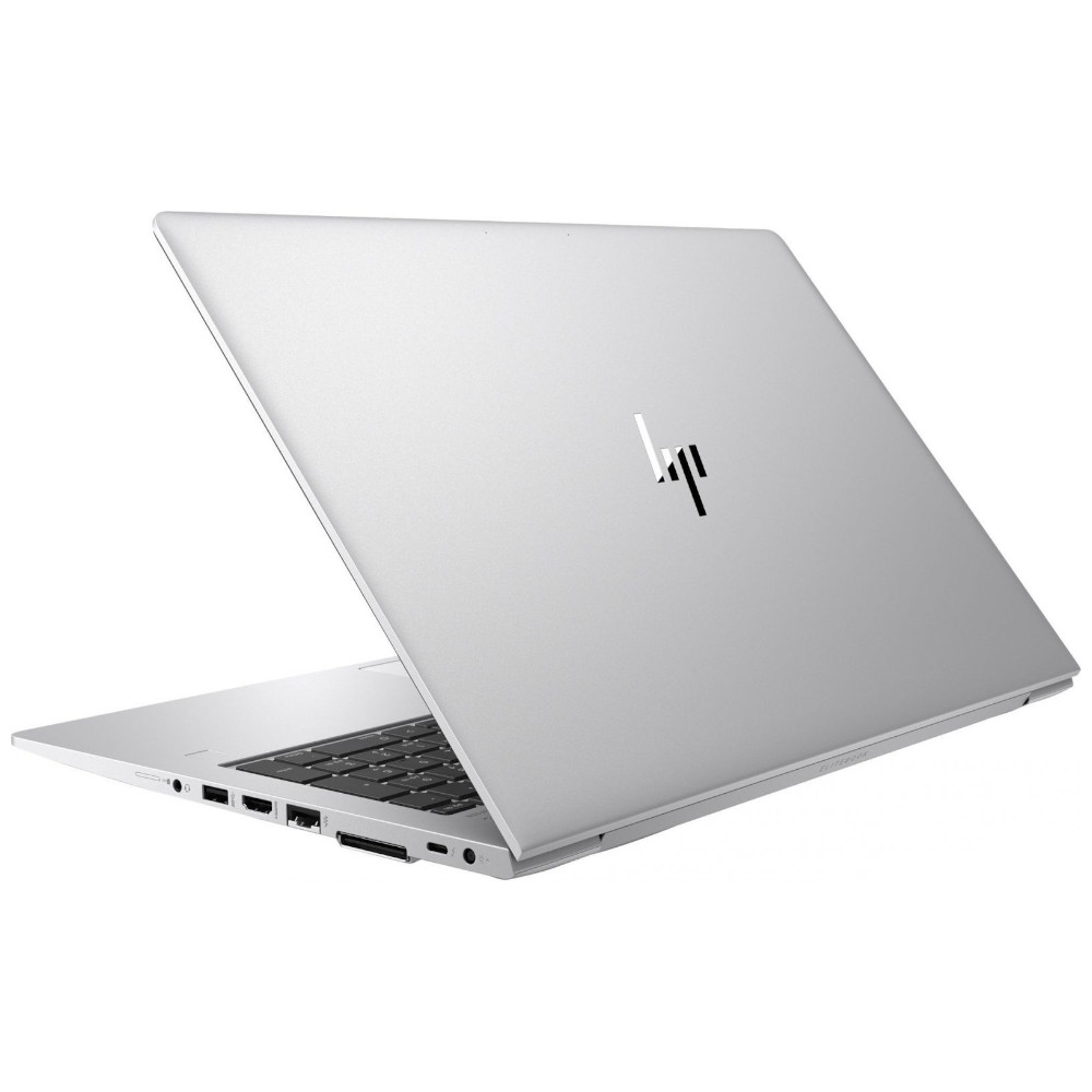 Ordinateur portable argenté avec logo HP, sur fond blanc.