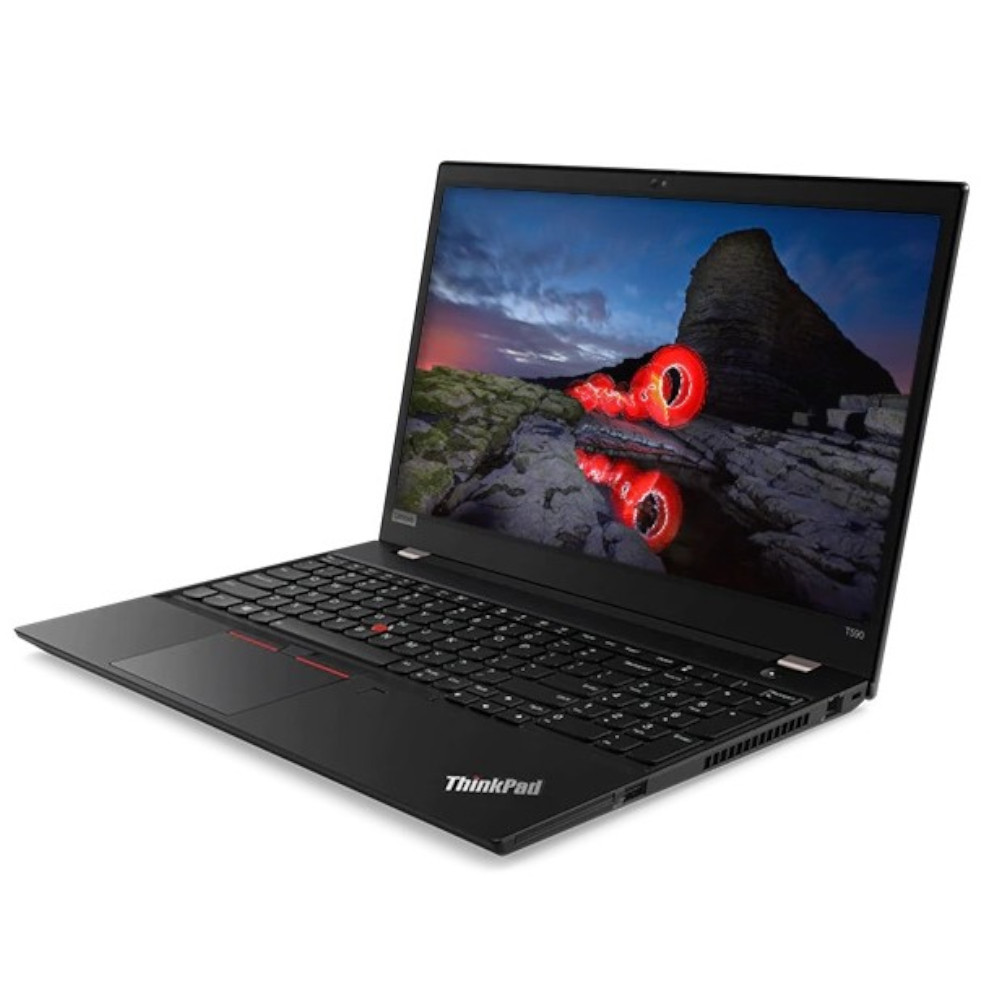 Un ordinateur portable ThinkPad noir montrant une scène de montagne avec des reflets sur son écran.