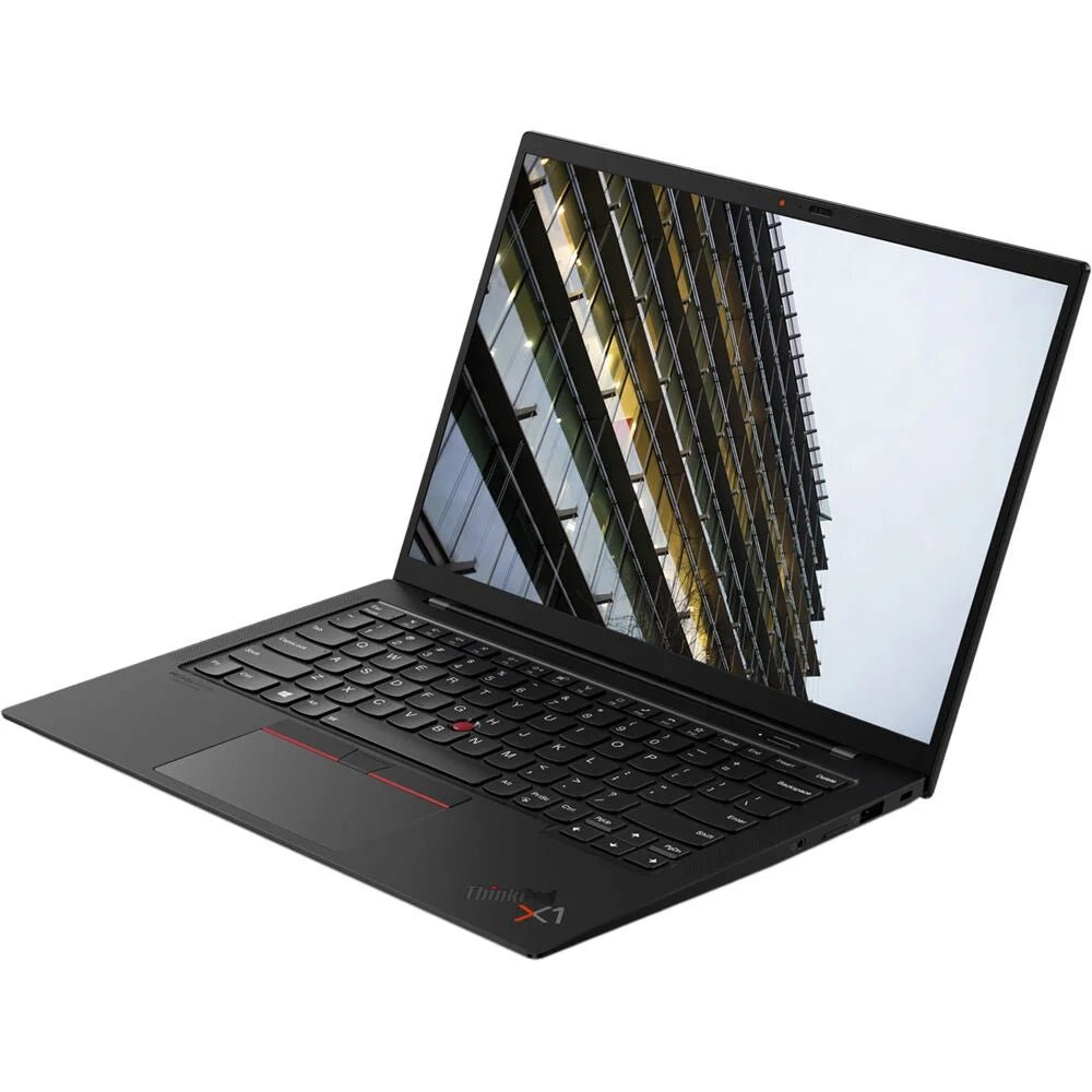 Ordinateur portable noir avec clavier et écran affichant un bâtiment avec fenêtres.