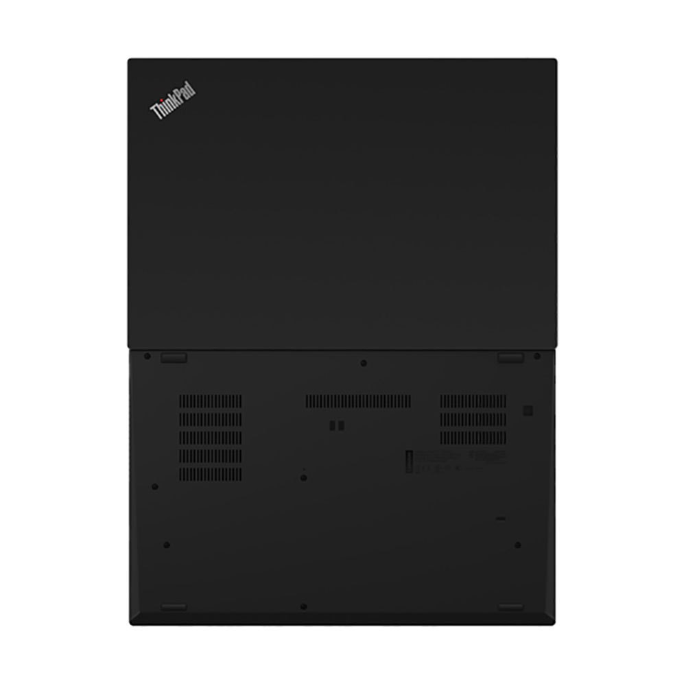 Ordinateur portable noir avec logo ThinkPad sur le dessus, vu par le dessous.