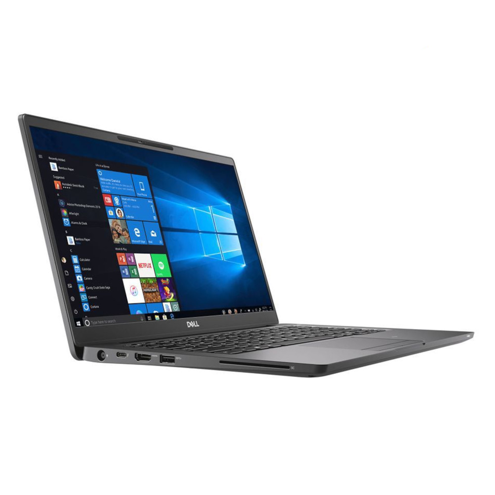 Un ordinateur portable Dell gris ouvert montrant l'écran de démarrage Windows et le clavier.
