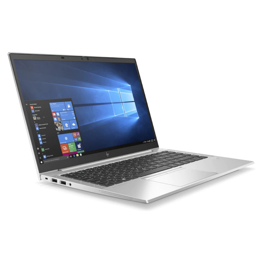 Un ordinateur portable HP argenté est ouvert, affichant le menu Démarrer de Windows.