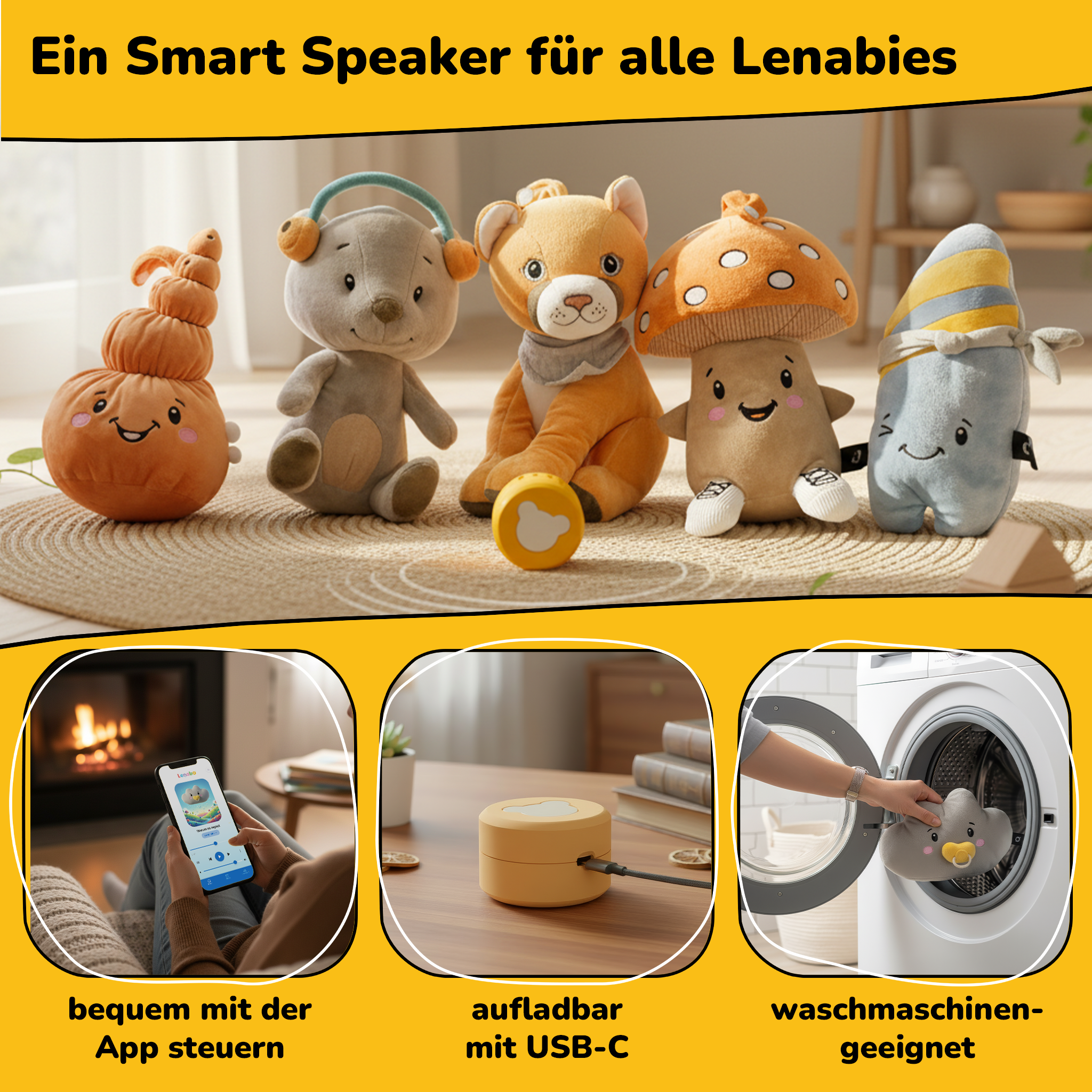 Fünf Stofftiere, eine Person mit Handy, ein Ladekabel und eine Waschmaschine.
