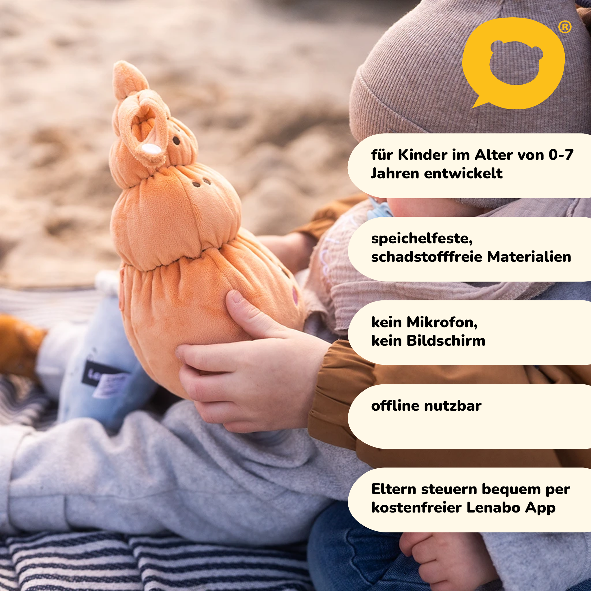 Ein Kind hält einen orangefarbenen Plüschtierhasen, Text über Sicherheit und App-Steuerung.
