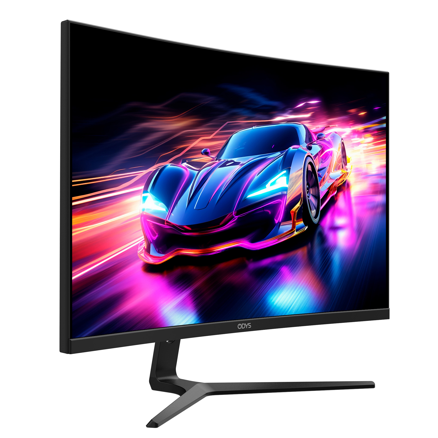 Ein gekrümmter Monitor zeigt einen blauen Sportwagen mit Neonlichtern, der über eine Straße rast.
