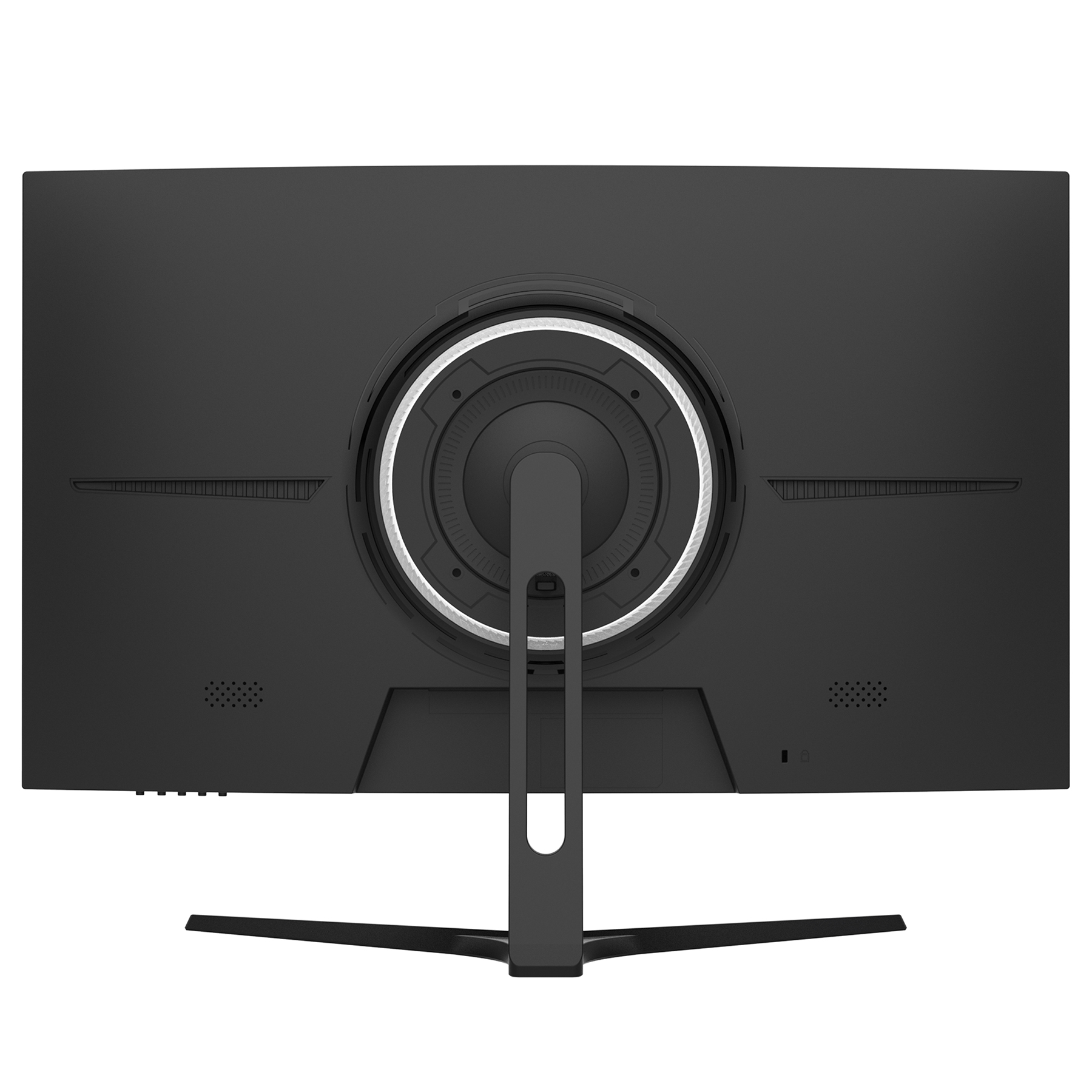 Rückseite eines schwarzen Monitors mit silbernem Ring und Standfuß.