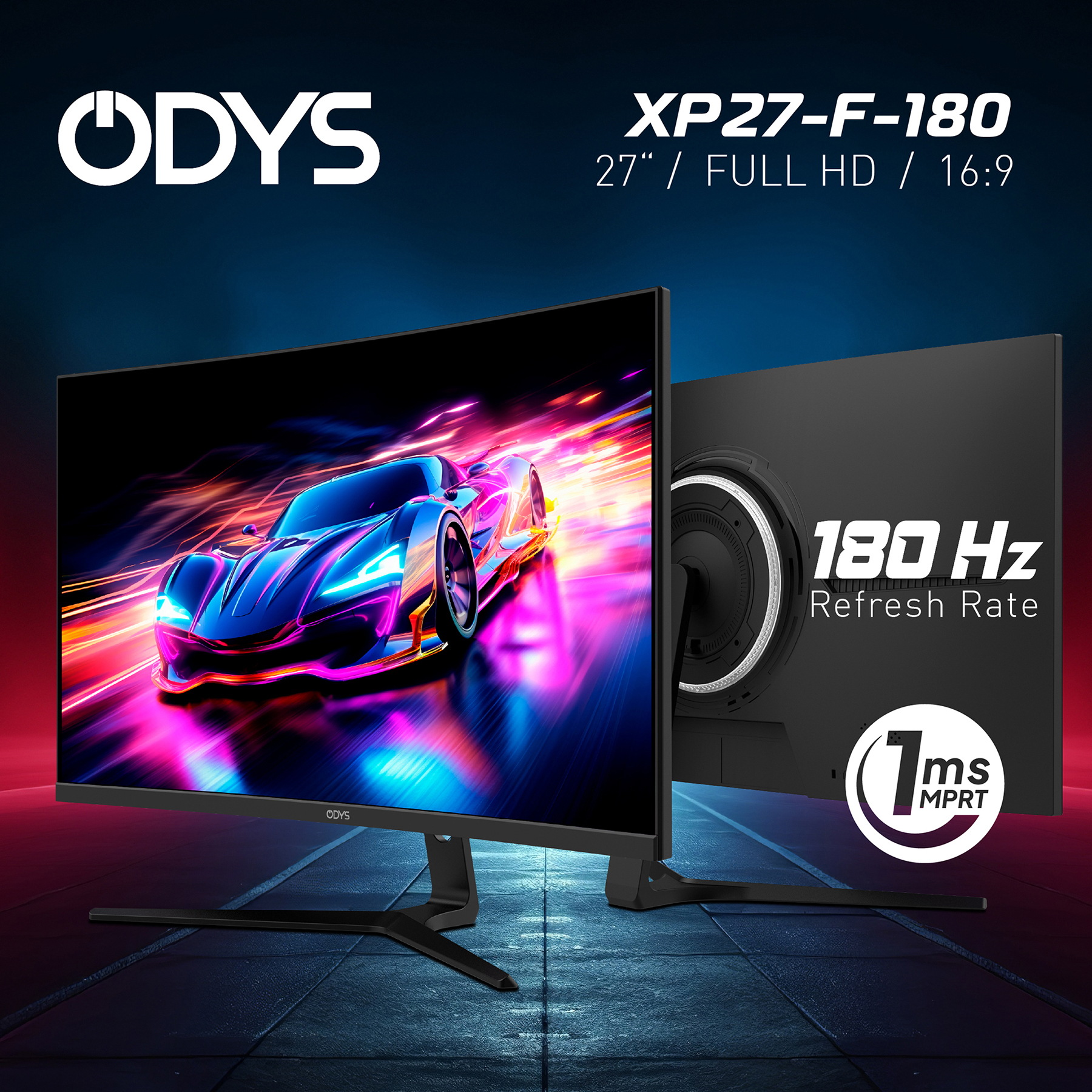 Ein ODYS Monitor mit einem Rennwagen-Bild und 180Hz 1ms MPRT.