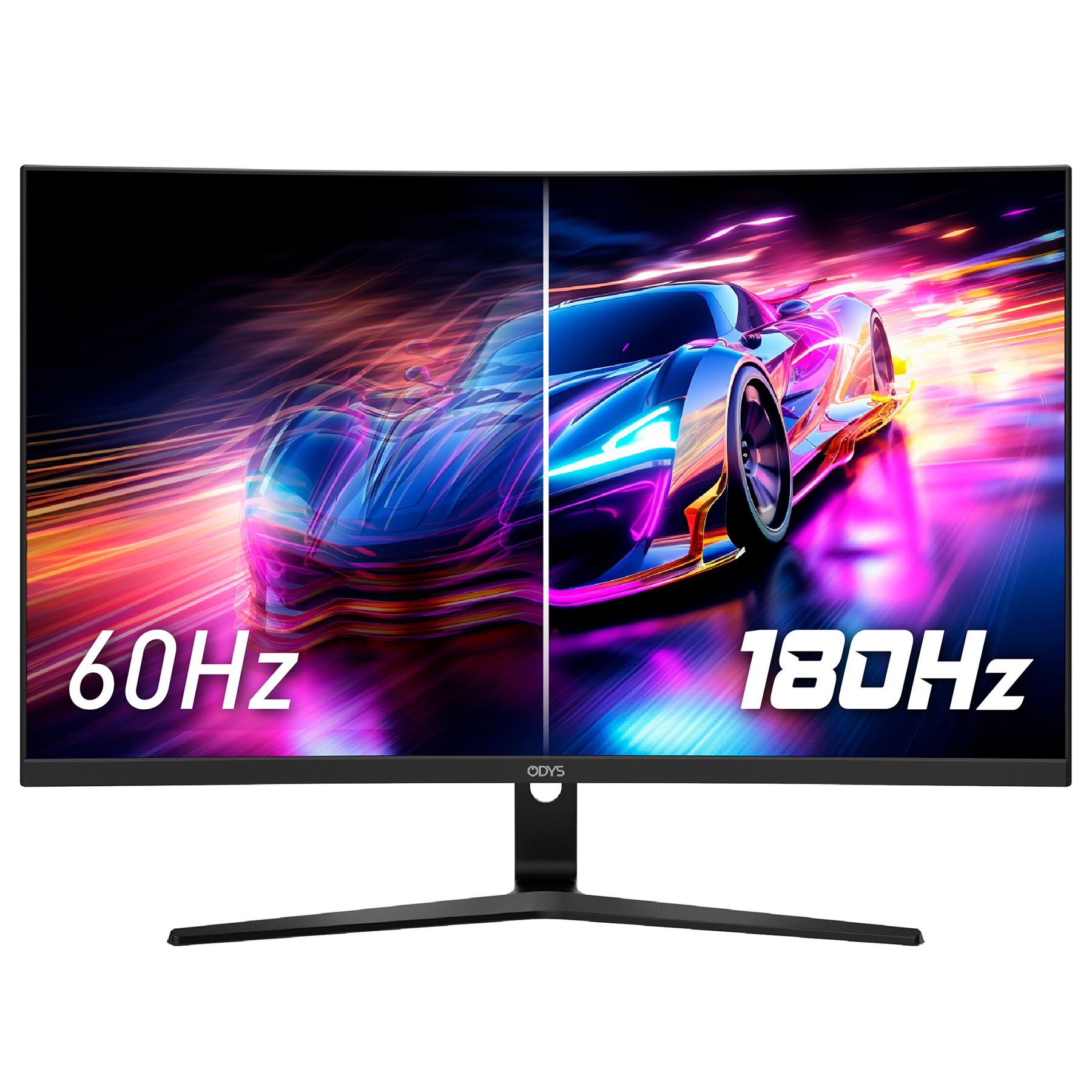 Ein Monitor zeigt zwei Bilder von Rennwagen, 60Hz und 180Hz.