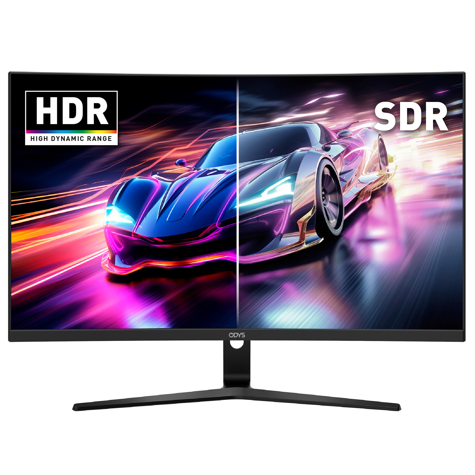 Gebogener Monitor zeigt geteiltes Bild eines futuristischen Autos, eine Seite mit HDR, die andere mit SDR.