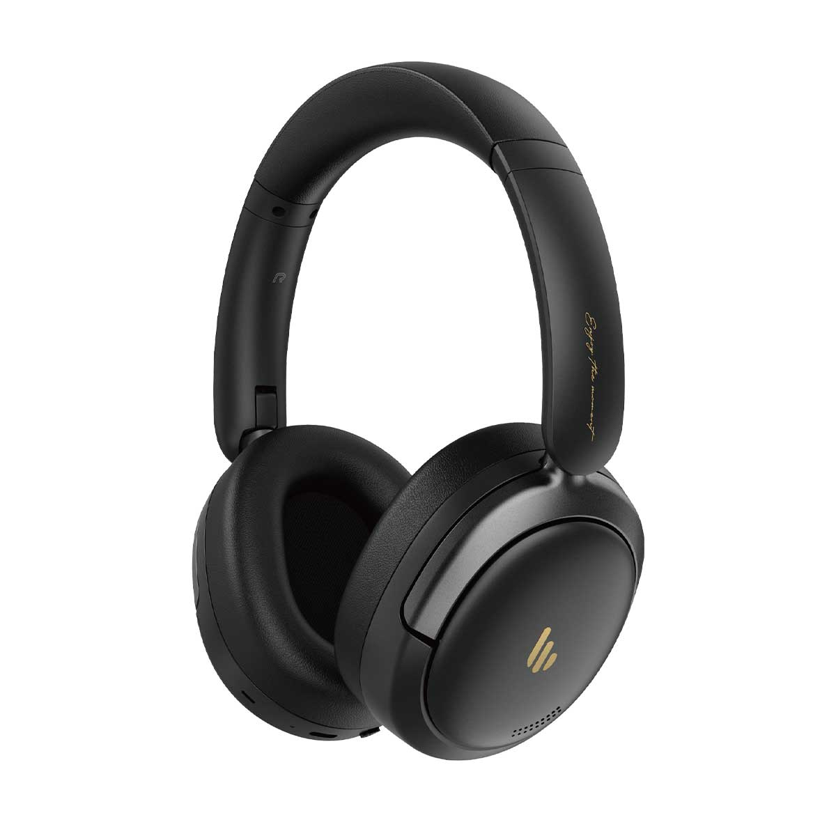 Auriculares negros con logo y texto dorado sobre fondo blanco.