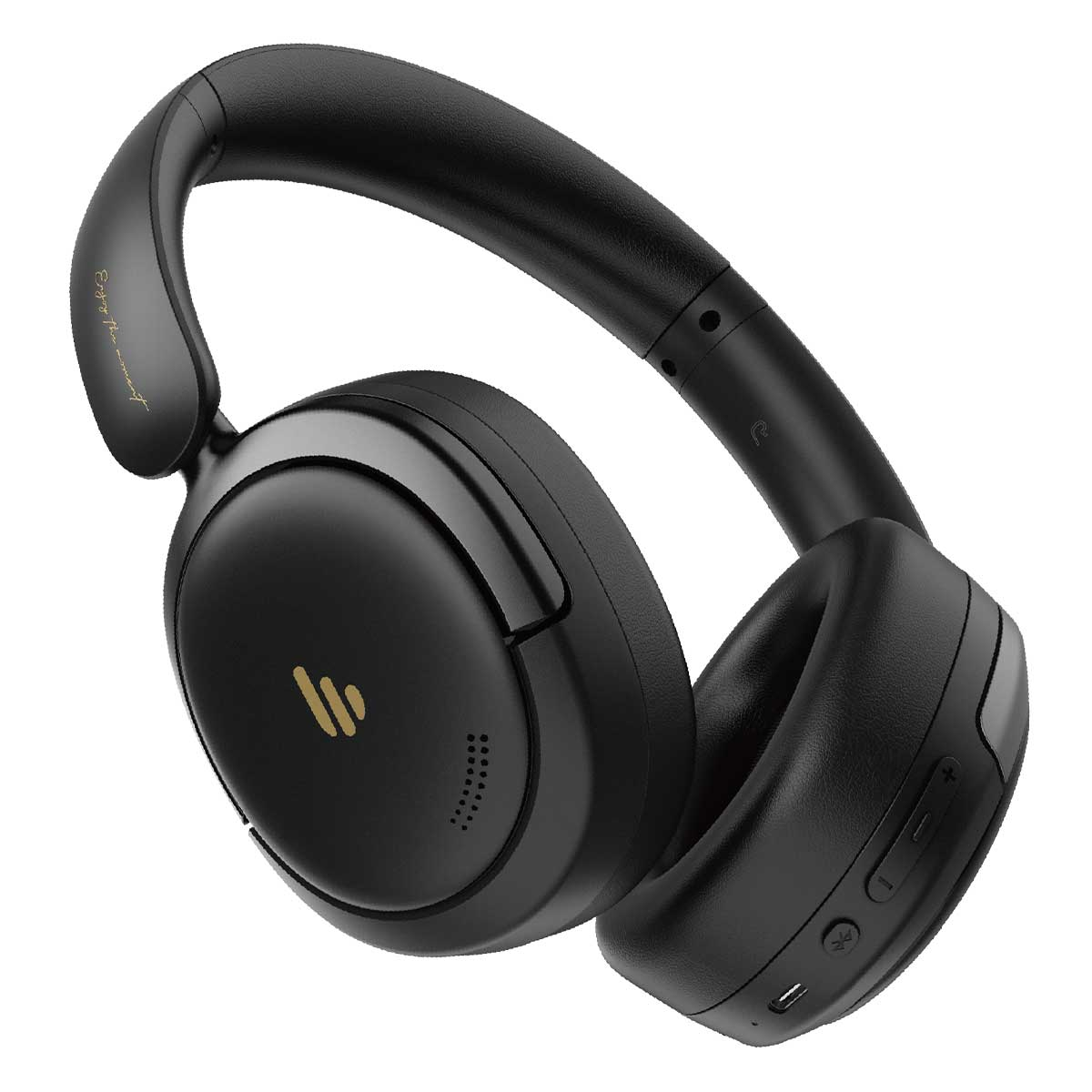 Auriculares negros circumaurales con detalles dorados y logo. Fondo blanco.