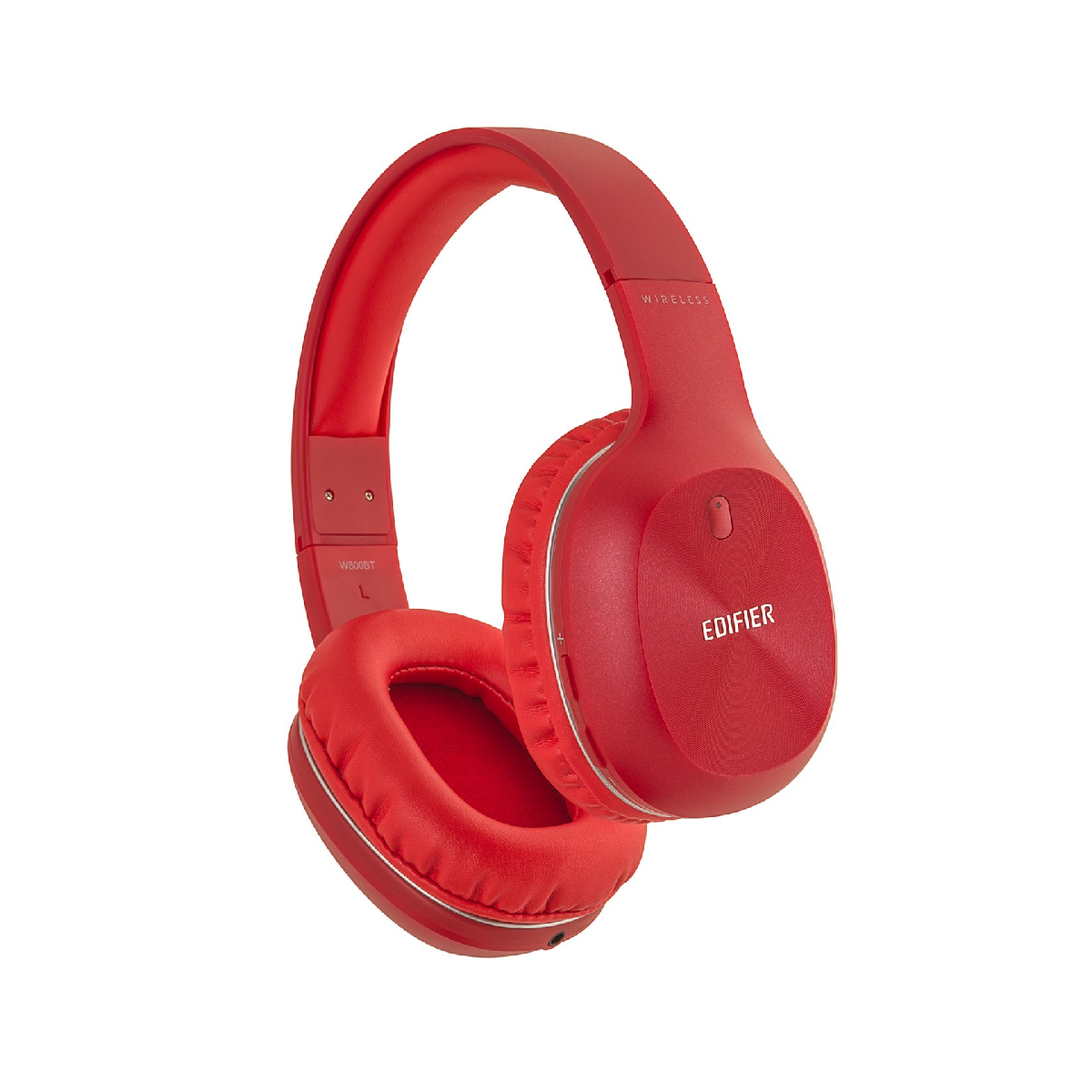 Cuffie Edifier rosse con accenti argentati, su sfondo bianco.