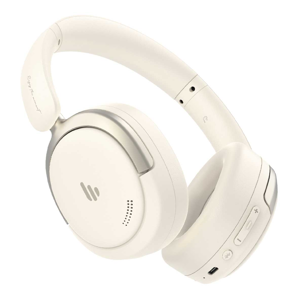 Auriculares blancos con detalles plateados sobre fondo blanco.