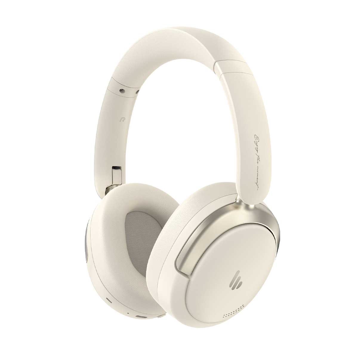 Auriculares blancos supraaurales con detalles plateados y texto en la diadema.
