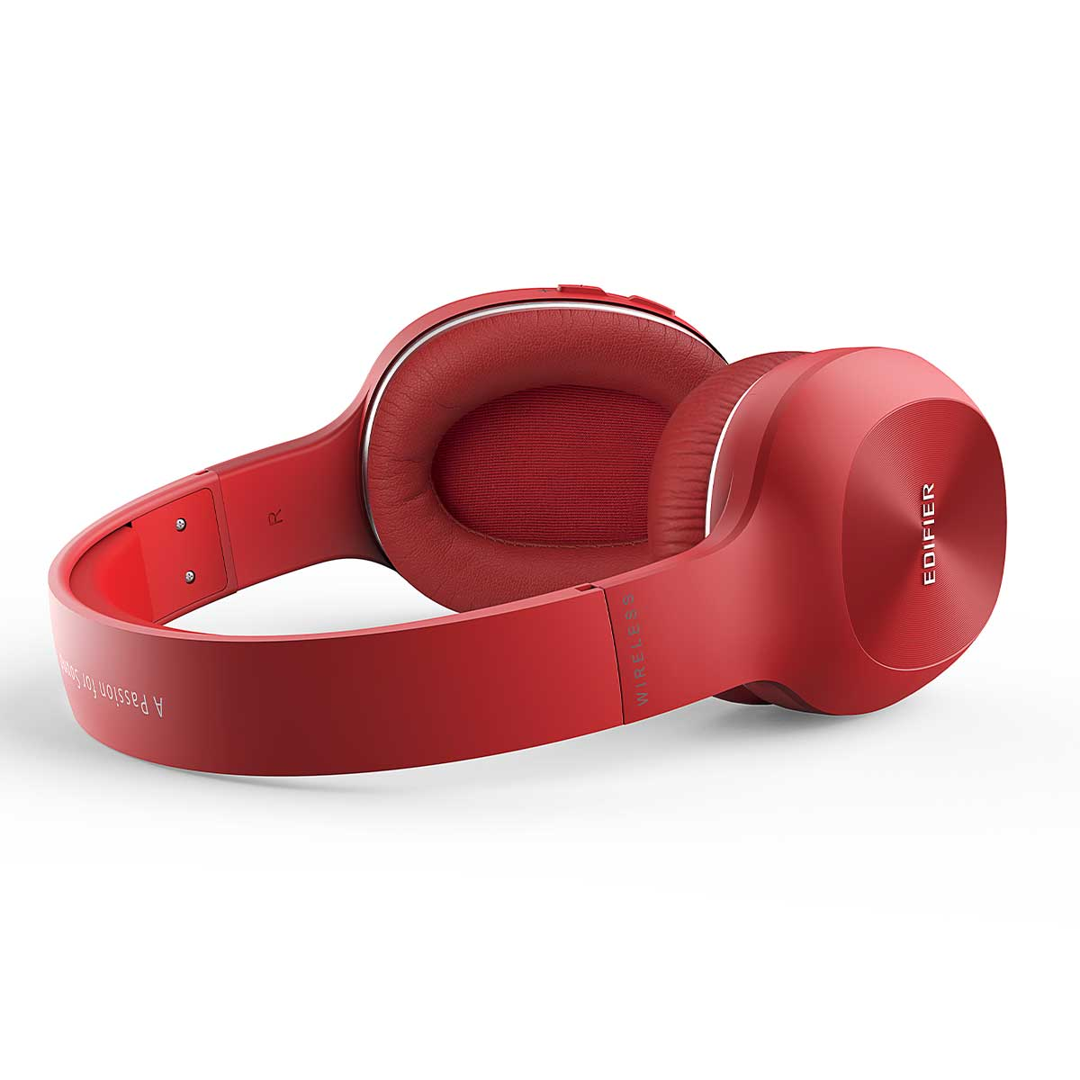 Cuffie wireless rosse con accenti argentati, su sfondo bianco.