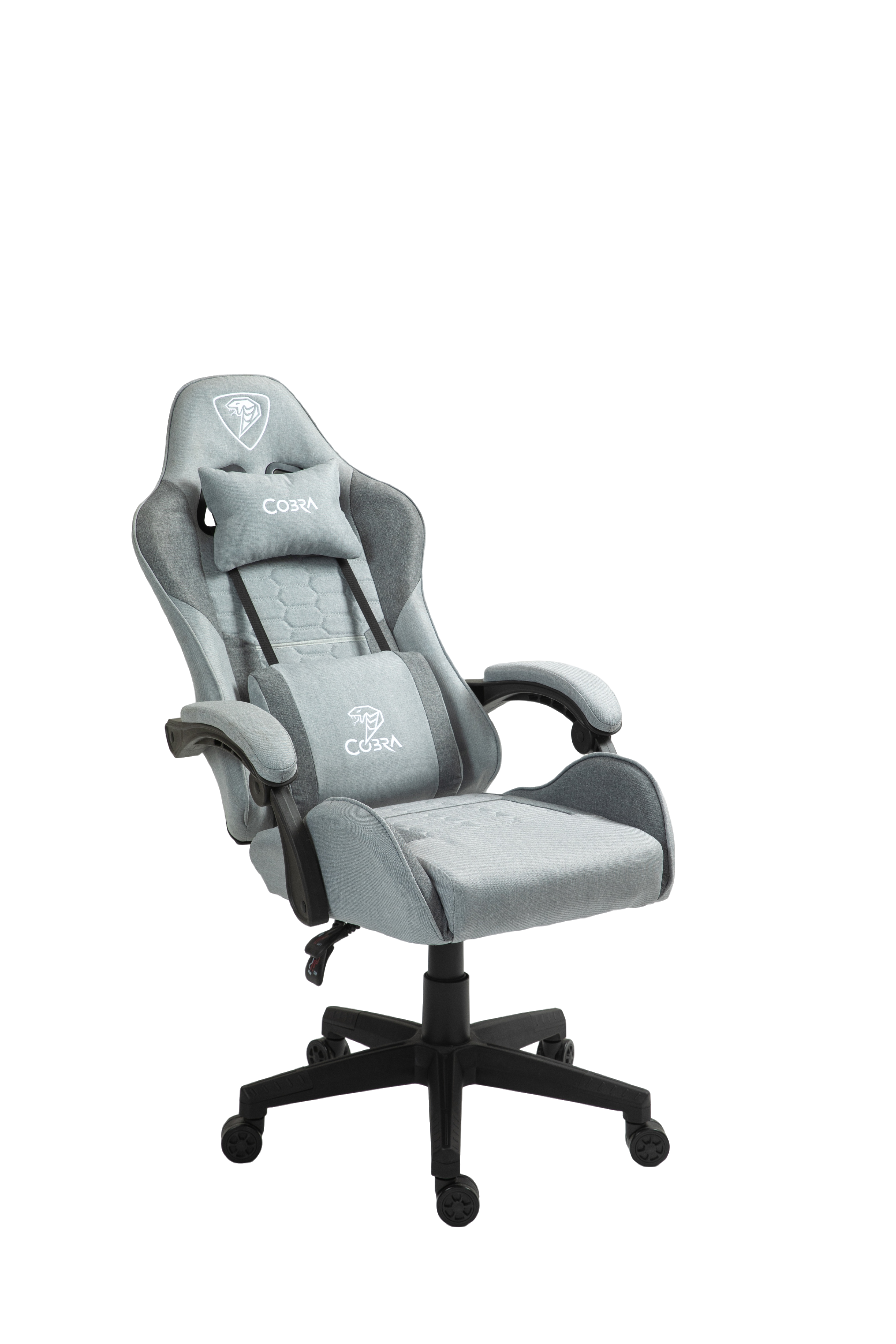 Jasnoszara, materiałowa fotel gamingowy z regulowanymi podłokietnikami, poduszką lędźwiową.