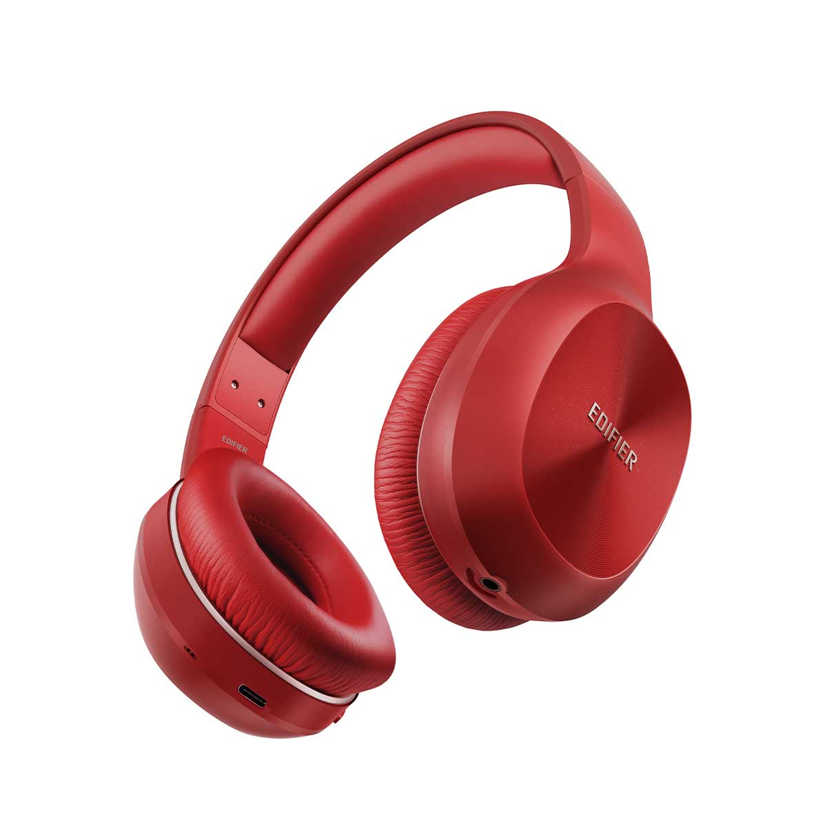 Cuffie Edifier rosse con archetto e padiglioni imbottiti su sfondo bianco.