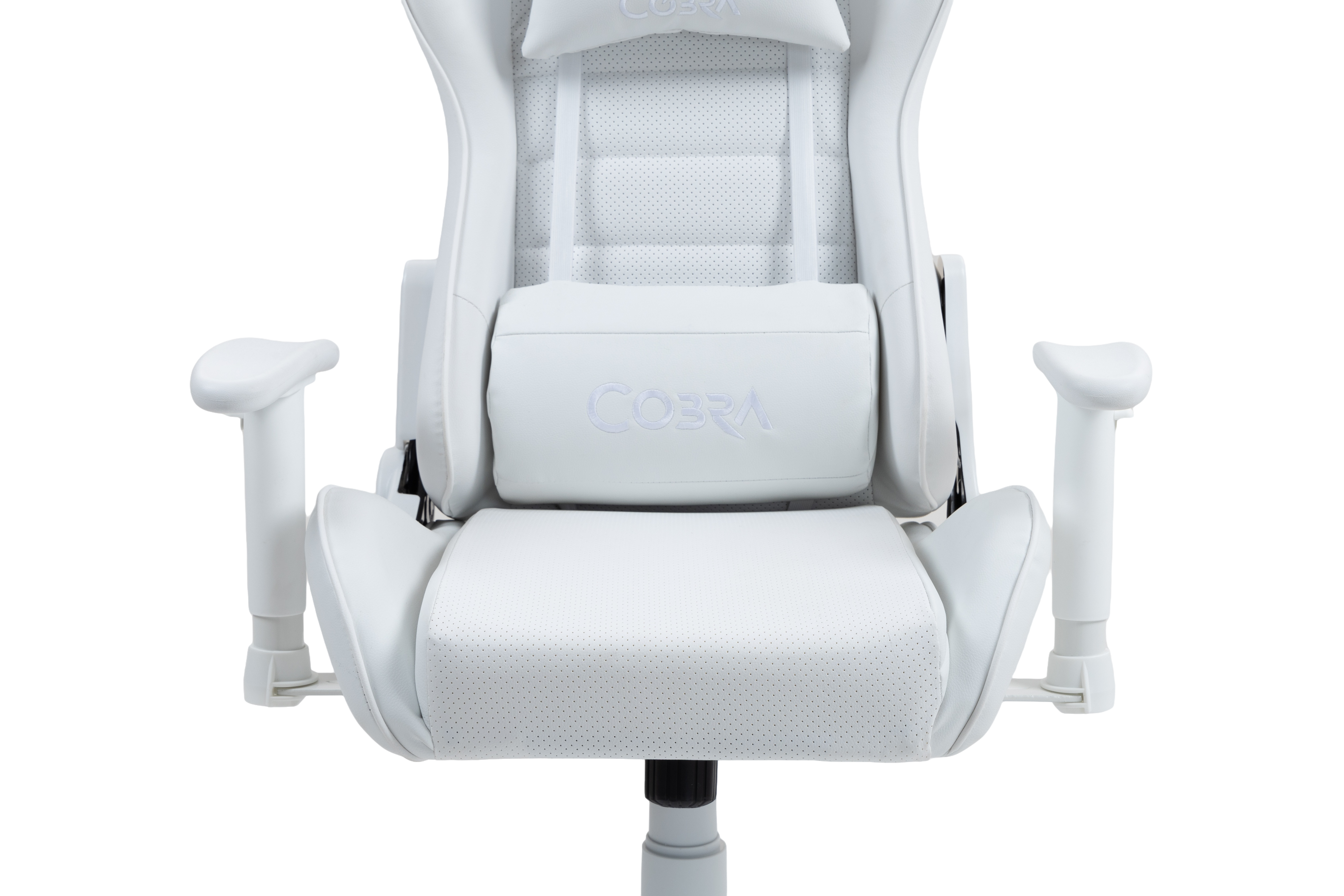 Białe krzesło gamingowe z regulowanymi podłokietnikami i logo COBRA.