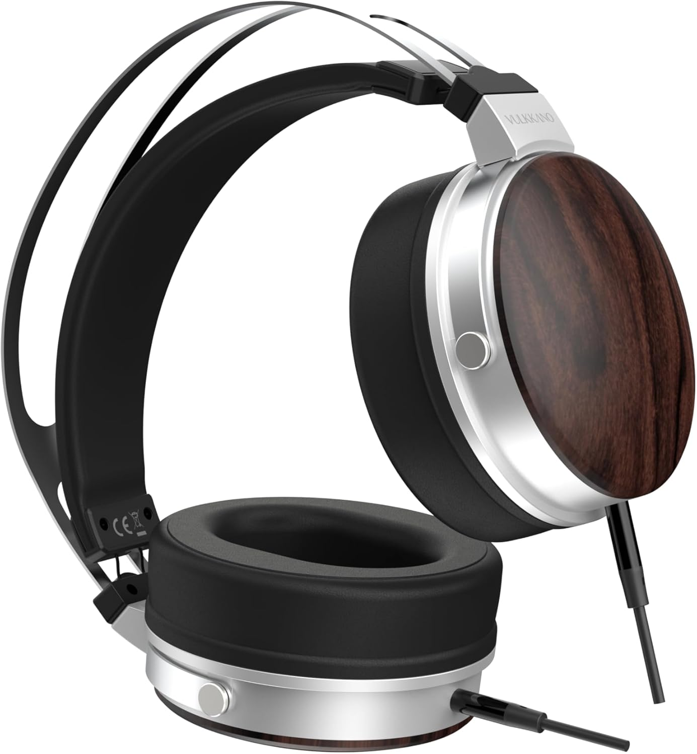 Cuffie premium con finitura in legno, accenti argento e archetto nero.