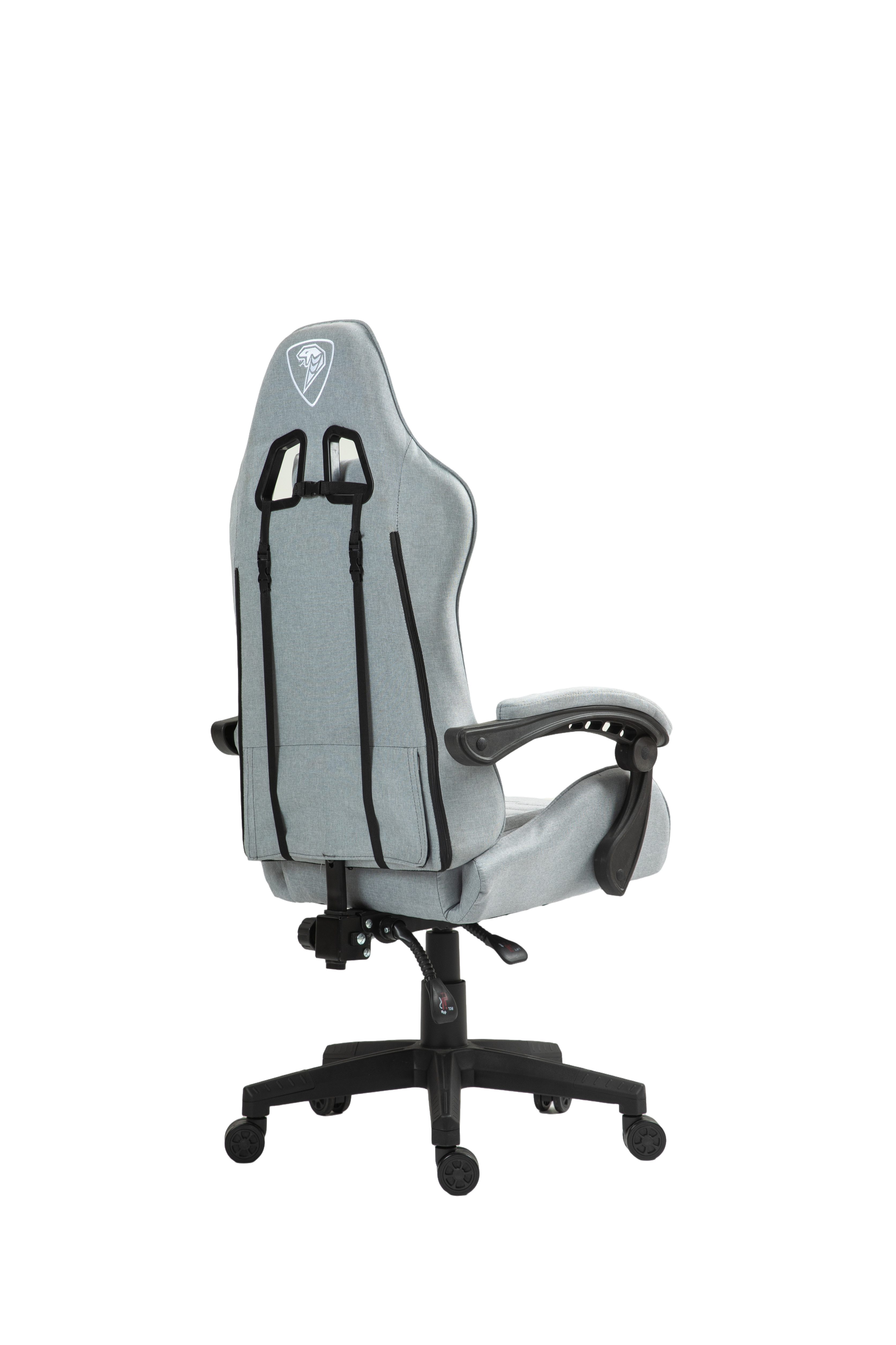 Szare krzesło gamingowe z czarną podstawą i kółkami, widok z tyłu.