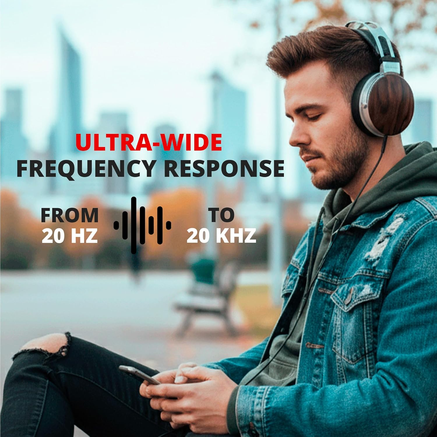 Uomo con cuffie ascolta musica, testo sulla risposta in frequenza.