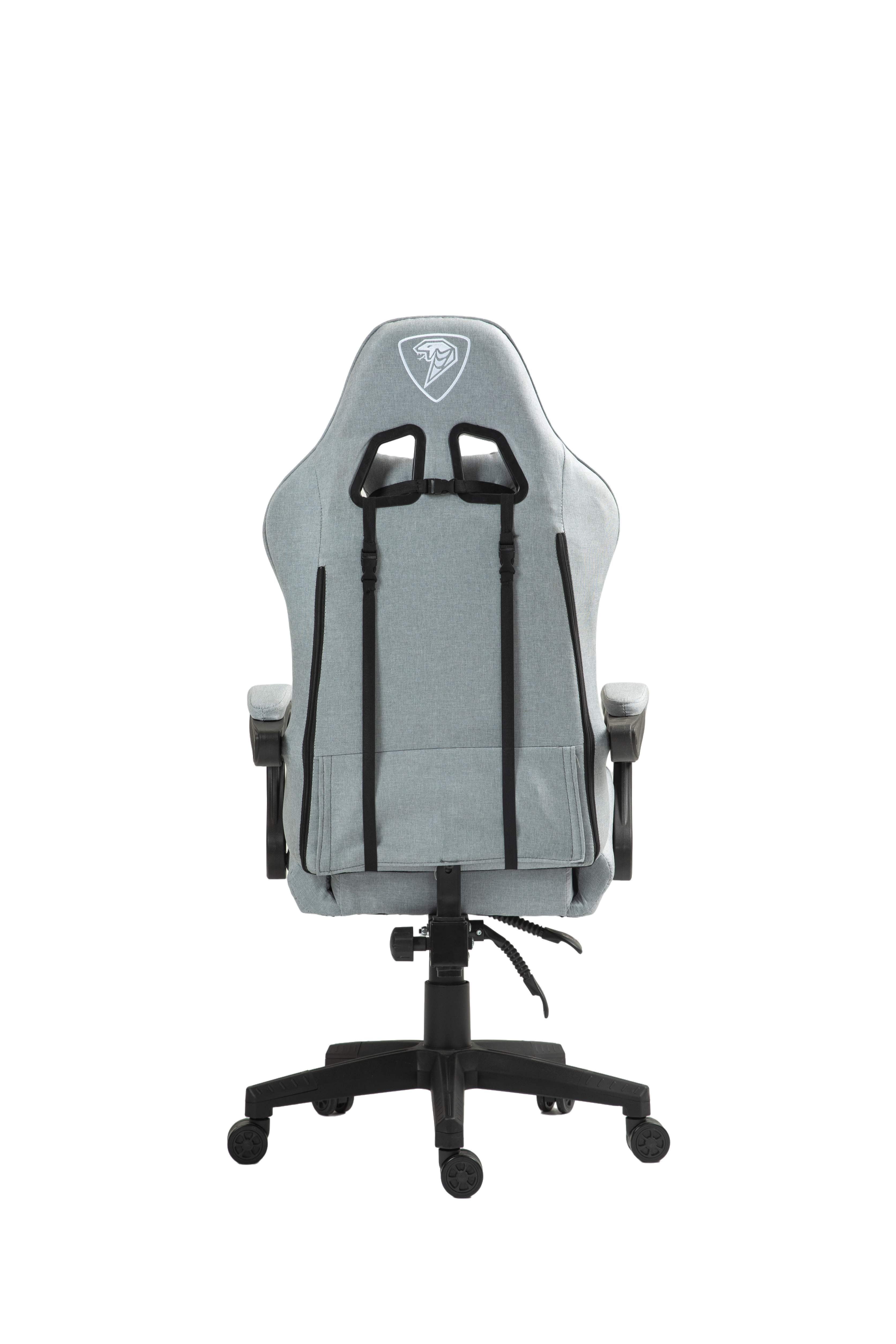 Szare krzesło gamingowe z czarną podstawą gwieździstą, kółkami i logo.