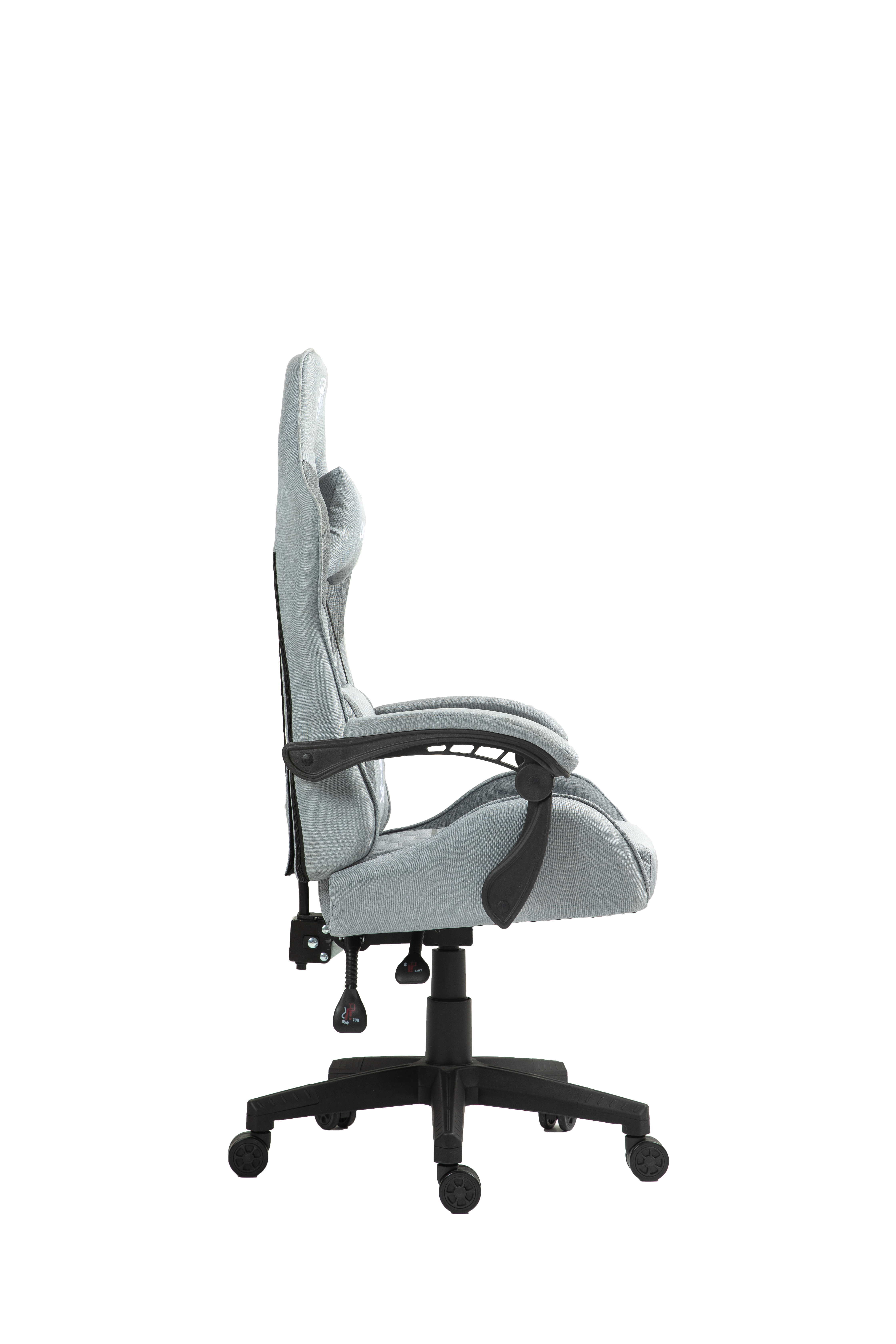 Jasnoszary fotel biurowy z czarną podstawą i kółkami.