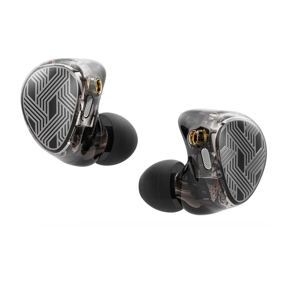 Auriculares transparentes con patrón negro y detalles dorados.