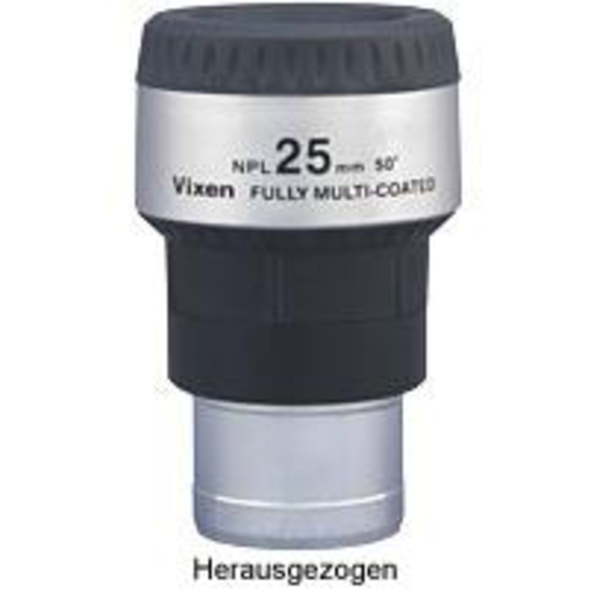 Silbernes Vixen Okular mit schwarzer Kappe und Beschriftung.