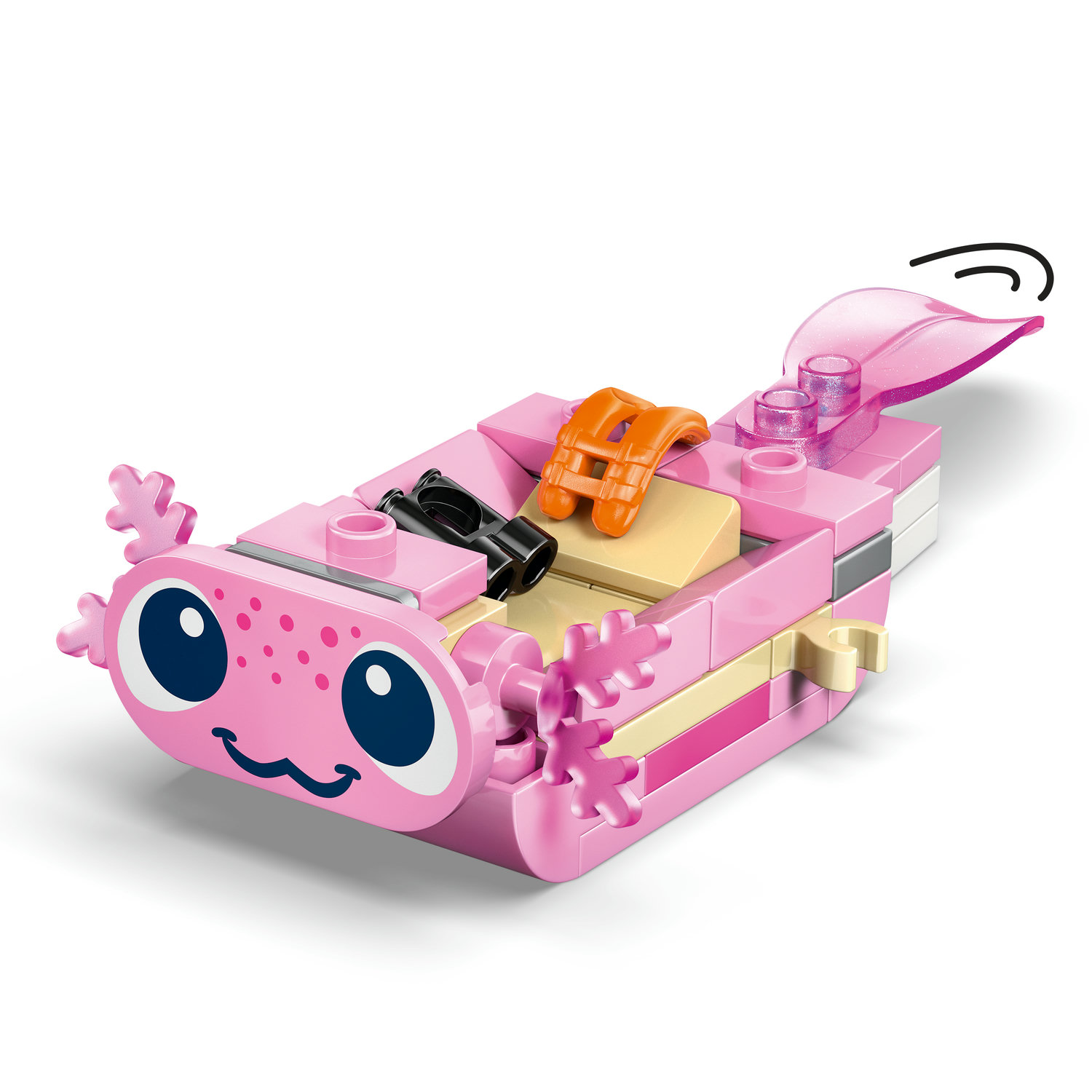 Ein pinkes Lego-Axolotl mit großen blauen Augen und einem breiten Lächeln.