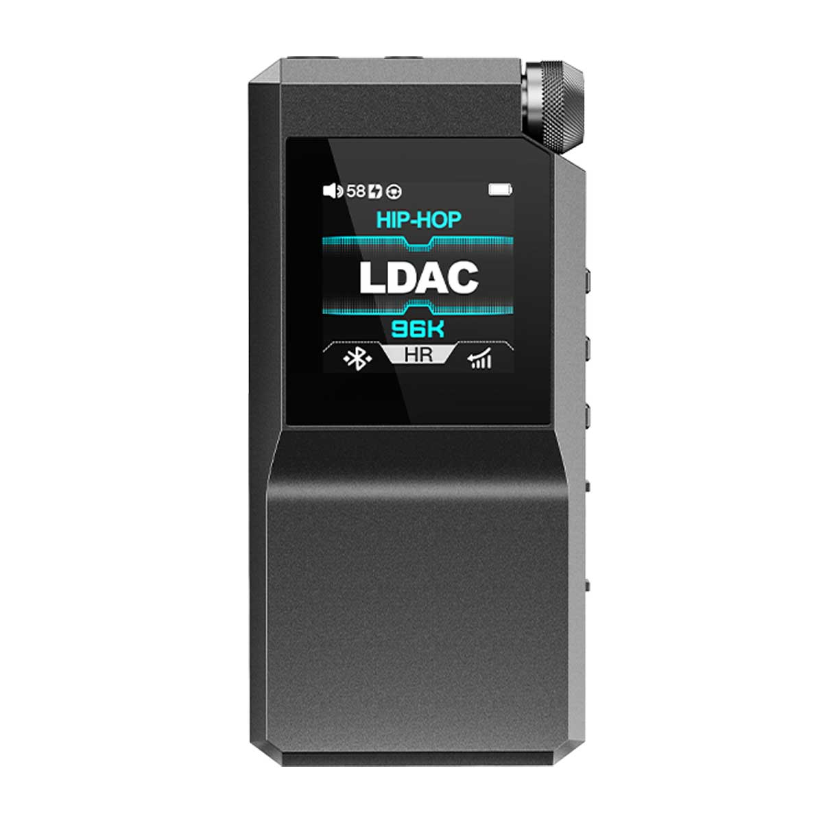 Reproductor de audio negro con pantalla mostrando HIP-HOP, LDAC, 96K, HR.