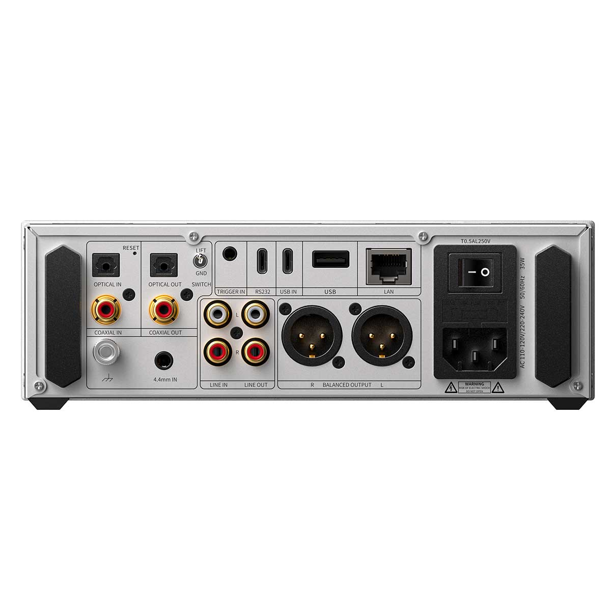 Tylny panel urządzenia audio z portami USB, LAN, RCA i XLR.