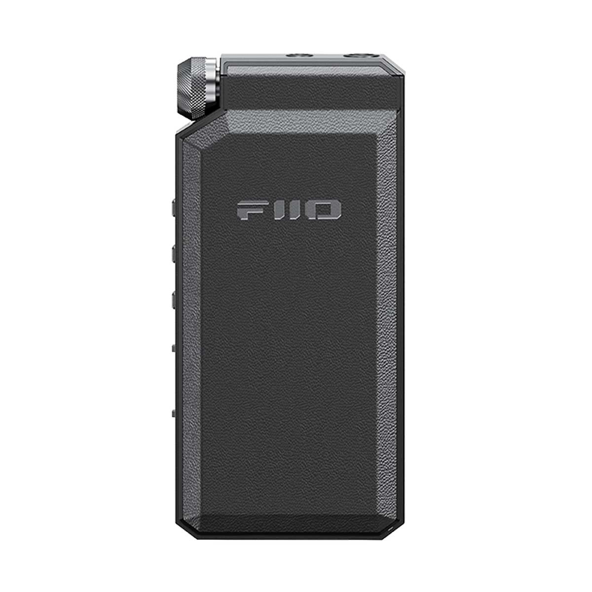 Un reproductor de audio digital negro con dial plateado y logo FiiO.