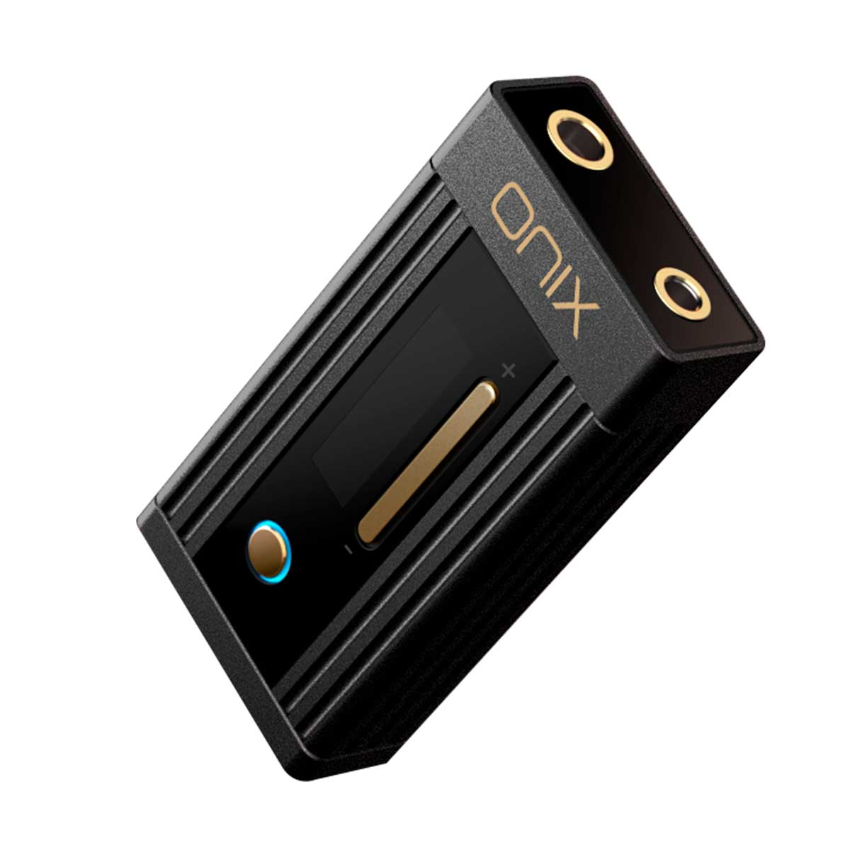 Adaptador de audio negro con letras doradas ONIX y puertos.