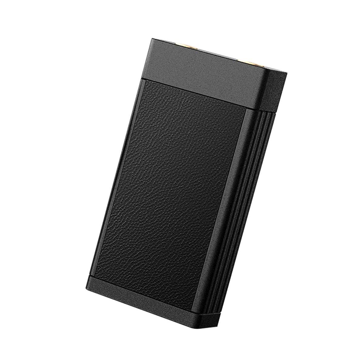 Dispositivo rectangular negro con superficie texturizada y lados acanalados.
