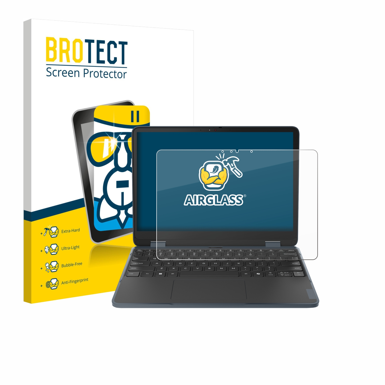 Ein BROTECT Displayschutz wird auf einem Laptop gezeigt, mit Verpackung links.
