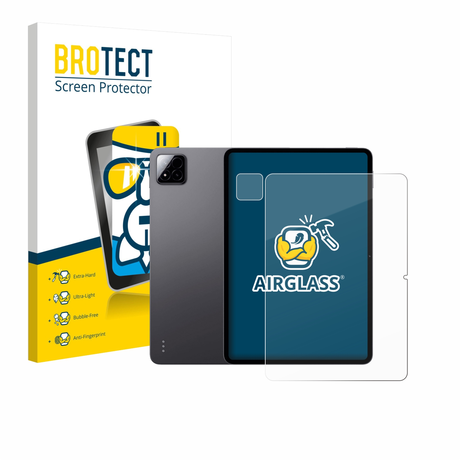 Ein Tablett mit einem Displayschutz und Verpackung. Extra-hart, leicht, blasenfrei, Anti-Fingerabdruck.