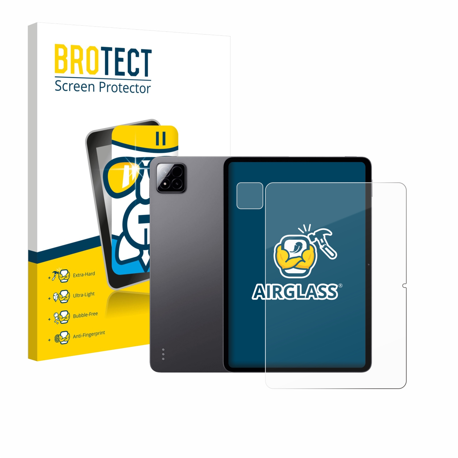Ein BROTECT Displayschutz für ein Tablet, links die Verpackung, rechts das Tablet.