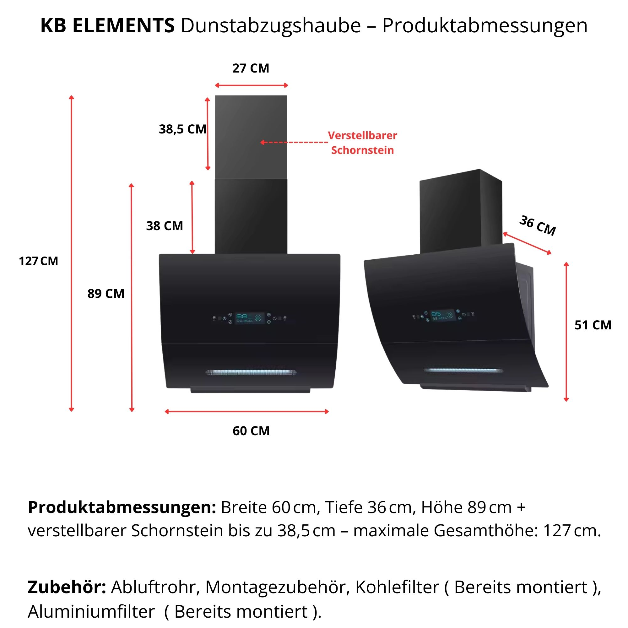 Zwei schwarze Dunstabzugshauben mit Maßen und verstellbarem Schornstein.