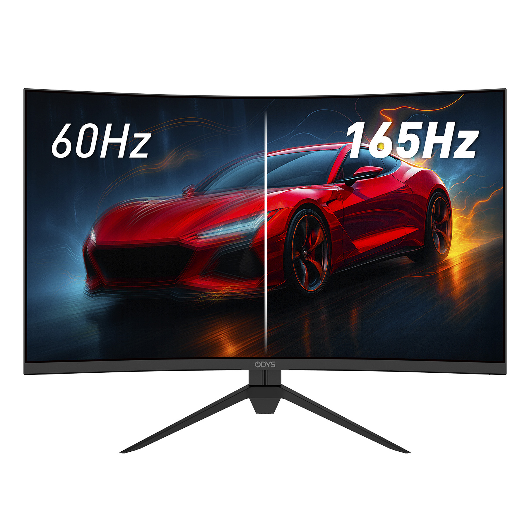 Zakrzywiony monitor wyświetla dwa czerwone samochody sportowe, 60Hz i 165Hz.