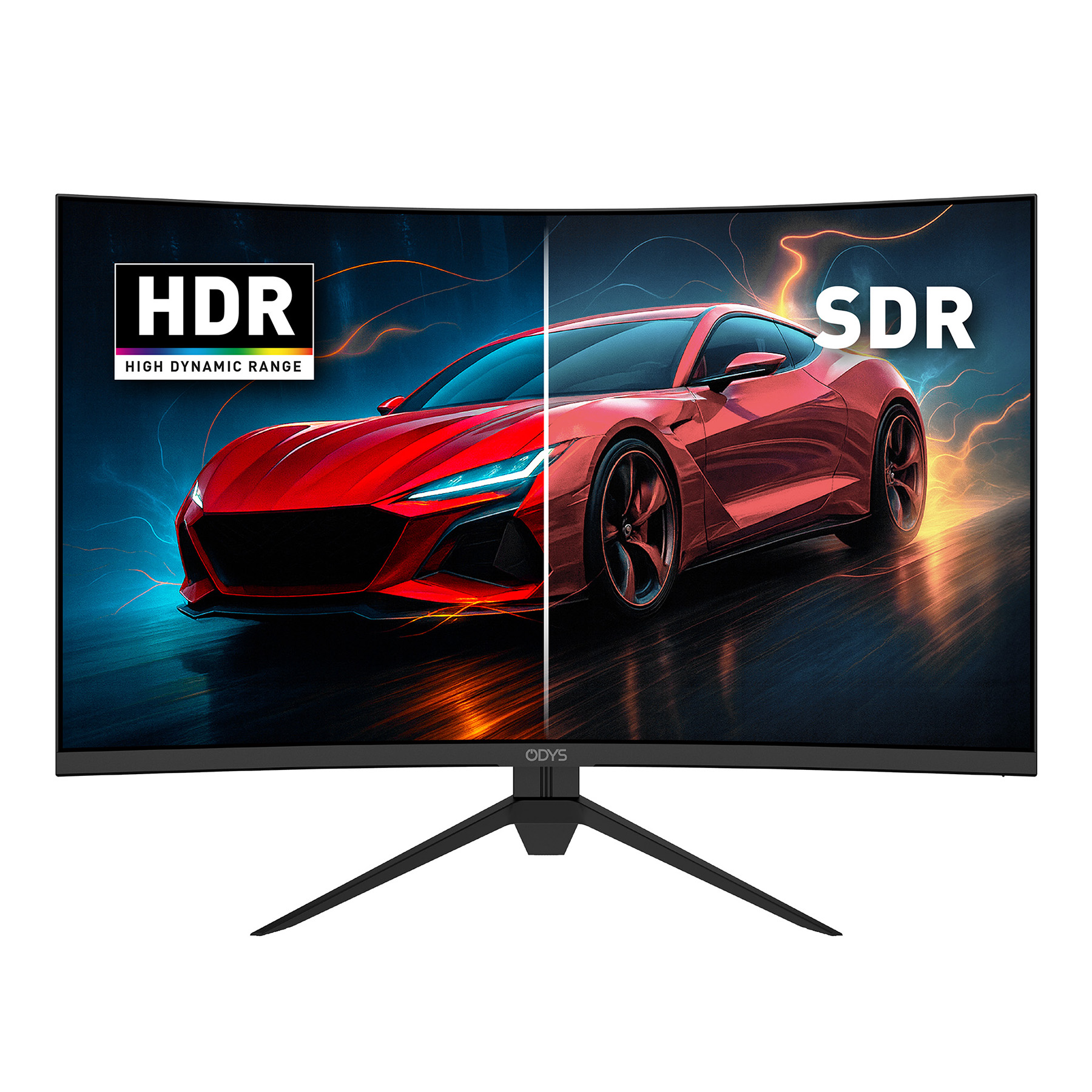 Zakrzywiony monitor wyświetla czerwony samochód, podzielony między tryby HDR i SDR.