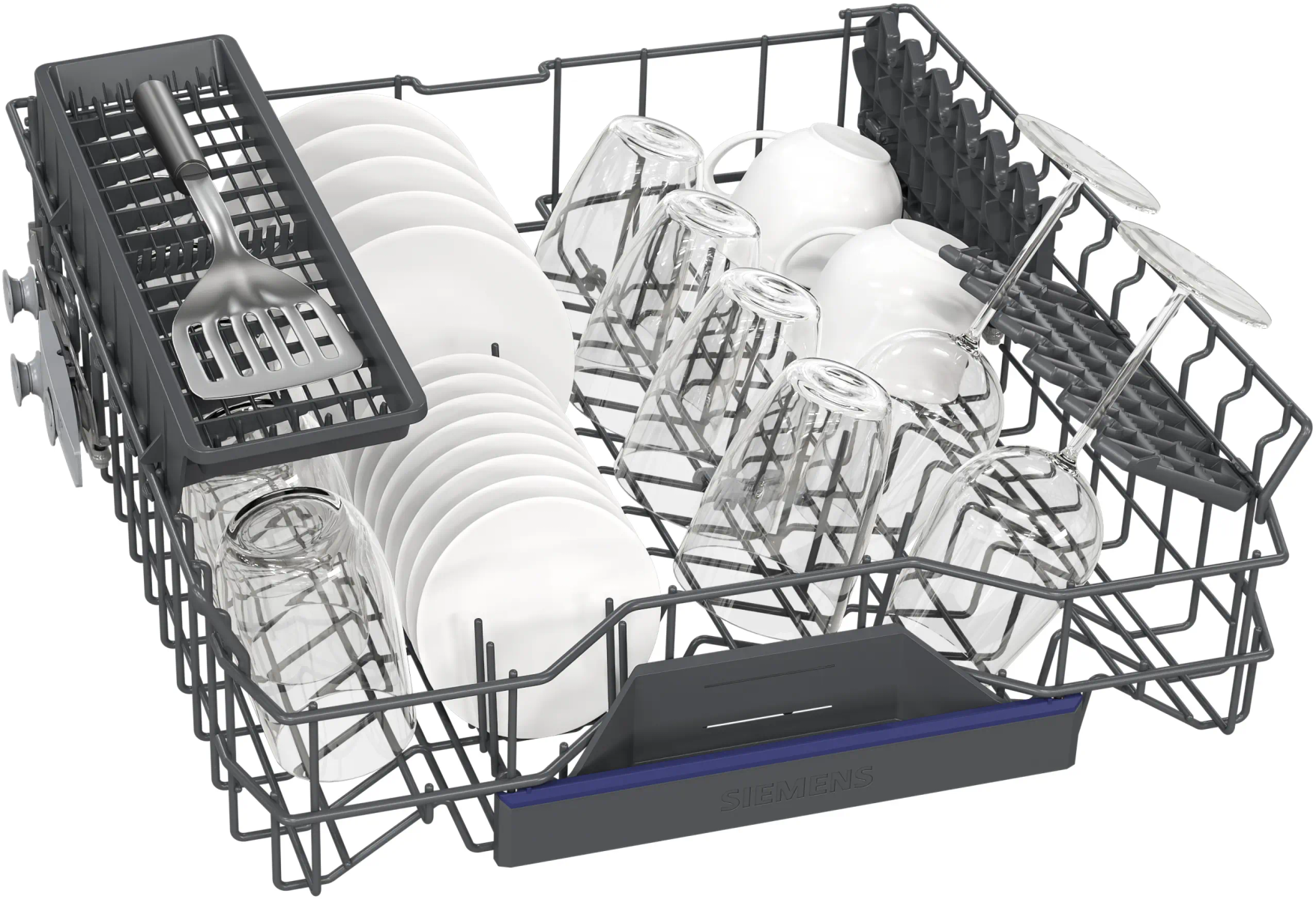 Dishwasher basket with plates, glasses, cups, and a spatula.