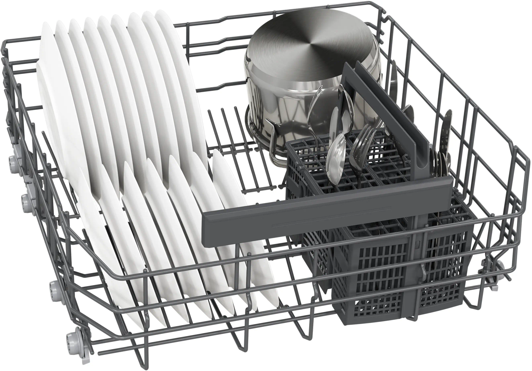 Dishwasher rack with white plates, a pot, and cutlery in a basket. Clean and organized.